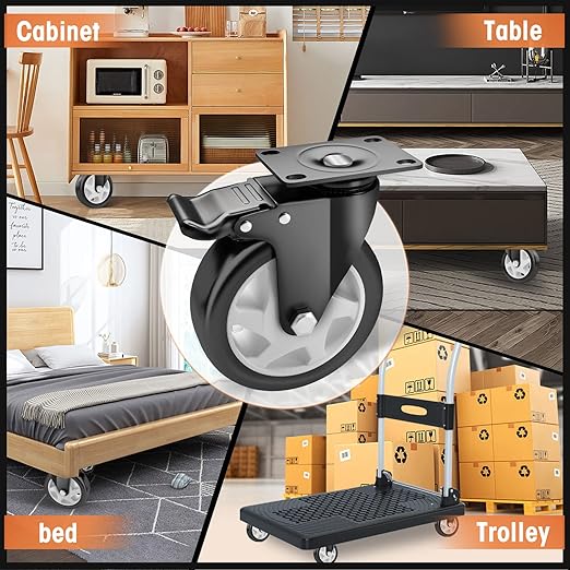 Casters, 5" Caster Wheels竊똂asters Set of 4 Heavy Duty - ASRINIEY Black Polyurethane Castors, Top Plate Swivel Wheels, 4-Pack Industrial Casters with Brake, Locking Casters for Furniture and Workbench