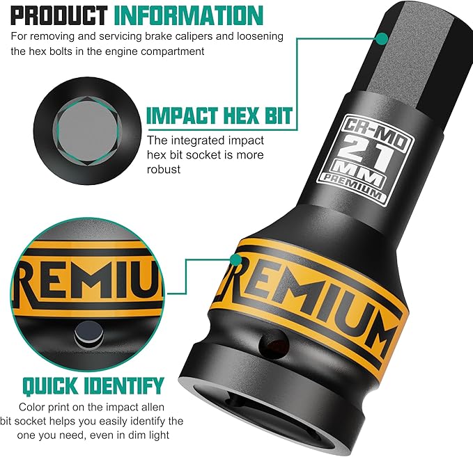 3/4" Drive H21 Impact Hex Bit Socket, 21 mm Allen Bit Socket, Metric, Cr-Mo Steel, Car Maintenance, Furniture Installation, Mechanic Use