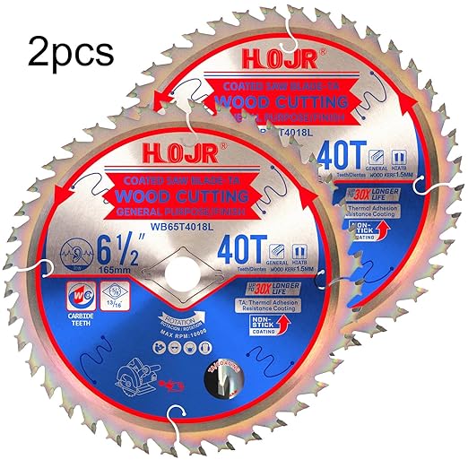 2-Pack 6-1/2" 40-Tooth 5/8" Arbor Woodworking Circular Saw Blade, Finish/General Purpose, Special Anti-Thermal Adhesion Coating on Cutting Edge- TA,High Finish, Long Life,6-1/2" 40T 5/8"