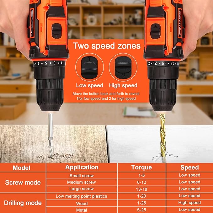 BIHOO Cordless Drill Driver Set 12V,3/8"Keyless Chuck Battery Drill Kit,2 Variable Speed and 43pcs Drills Bits for Home DIY