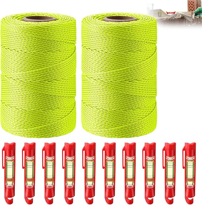 2 Pack #18 500 ft Mason Line String & 10 Pack Built-in Levels, String Level Line Kit for DIY, Gardening Work, Construction Twine Outdoor Projects Layout Brick Working(Fluorescent Yellow)