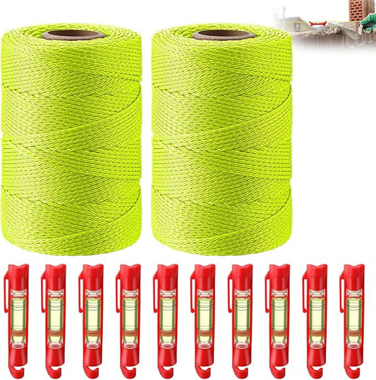 2 Pack #18 500 ft Mason Line String & 10 Pack Built-in Levels, String Level Line Kit for DIY, Gardening Work, Construction Twine Outdoor Projects Layout Brick Working(Fluorescent Yellow)