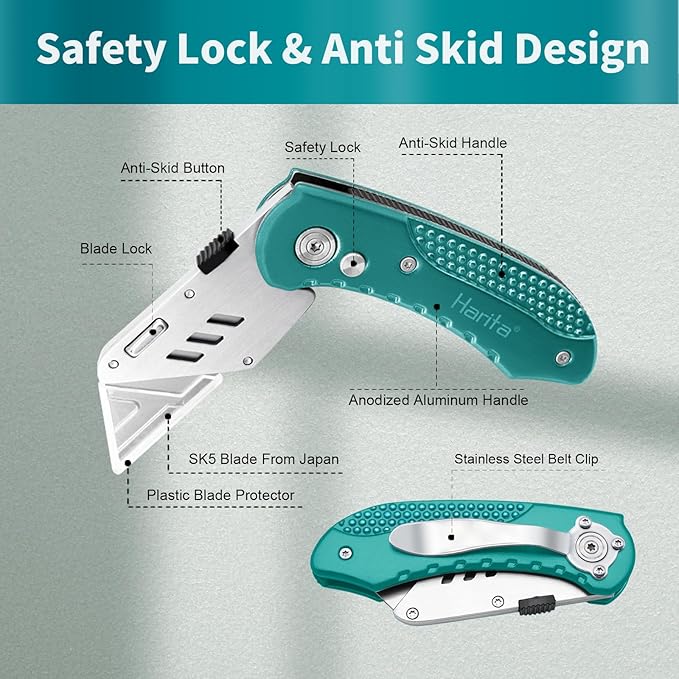 Harita Box Cutter Utility Knife cardboard cutter craft knife Quick Change Blades, Back-lock Mechanism, Portable Belt Clip, with 5-piece Extra Blades, Green