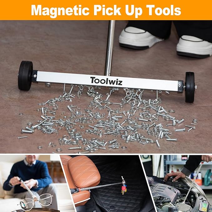 Toolwiz 17" Rolling Magnetic Sweeper 8.8lbs, with 16 lbs Telescopic Magnetic Pick Up Tools –Lightweight Pick-up Sweeper with Wheels for Nails, Screws & Metal Debris Home Use Workshop Garage