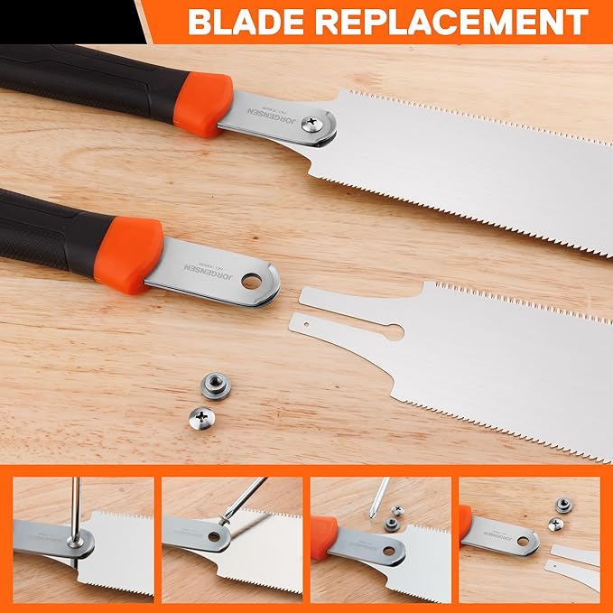 JORGENSEN Japanese Pull Saw, 10 Inch Pro Double Edge Hand Saw - SK5 Flexible Replaceable Blade, 7-12 & 18 TPI Flush Cut Blade, Japanese Handsaw for Hardwood & Softwood Woodworking, Wood Trim