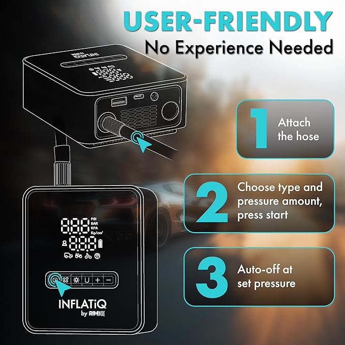 INFLATiQ by RIMiQ Portable Tire Inflator Air Compressor ??Twice as Fast QwikFlow Technology with Auto Shut-Off ??11.1V Rechargeable Air Pump with Metal Gears and Premium Carry Case (2 Pack)