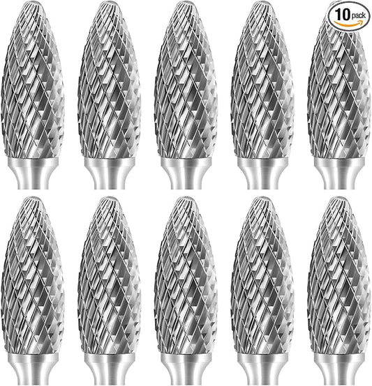 SH-5 Tungsten Carbide Burr Rotary File Flame Shape Double Cut with 1/4''Shank for Die Grinder Drill Bit - 10Pcs