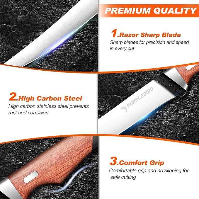 PURPLEBIRD Fillet Knife for Fish 9" with Sheath, 440C Stainless Steel Boning Knife for Meat Cutting with Wood Handle, Fish Fillet KnivesKitchen & Outdoor for Fishing, Hunting, BBQ, Christmas Gifts