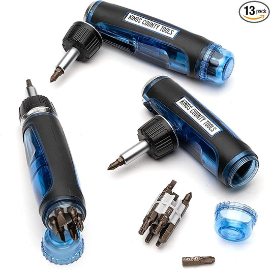 Kings County Tools Multi-Purpose Ratcheting Screwdriver | 3 Adjustable Handle Positions | Ergonomic & Sure-Grip Handle | 13 Steel Bits | Magnetic ABS Plastic Storage Cap