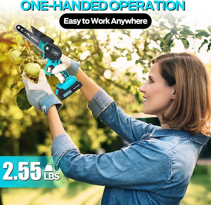 Mini Chainsaw Cordless, 6 Inch Battery Powered Electric Chain Saw, Portable Handheld Small Tree Trimmer for Wood Cutting, Courtyard, Household, and Garden (Includes 2 Batteries and 3 Chains)