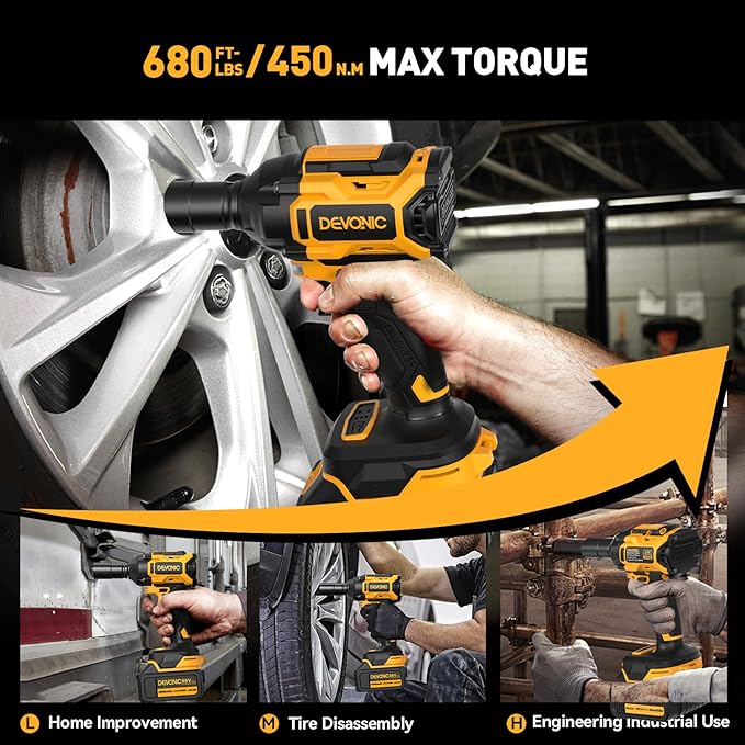 Devonic Cordless Impact Wrench,330ft-Lbs(450N.m) 21V Brushless Power Impact Wrenches,2800RPM High Torque Impact Gun with 2x 4000mAh Batteries, Charger, Electric Impact Wrench For Car Home (450N)
