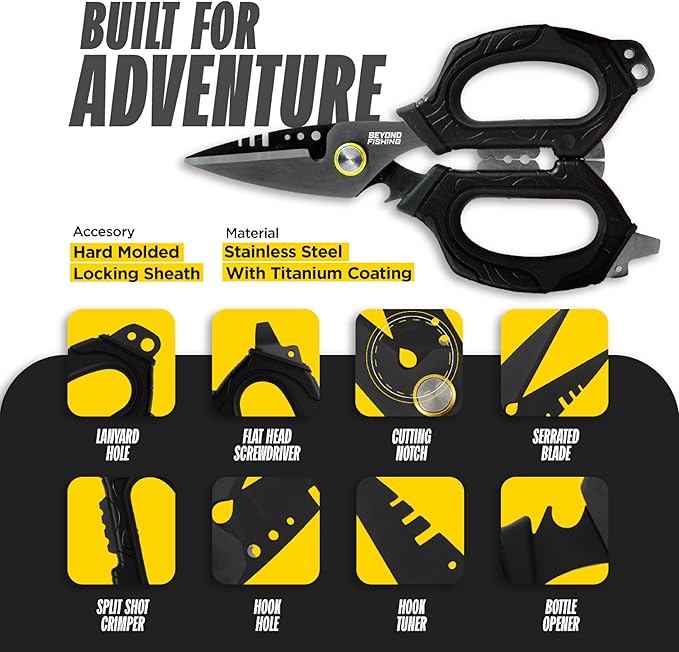 Beyond Fishing OmniPro Shears ??6.5??Multi-Function Fishing Scissors with Titanium-Coated Blades ??Cuts Braided Line, Monofilament, Fluorocarbon & Steel Wire ??Fishing Tool with Sheath