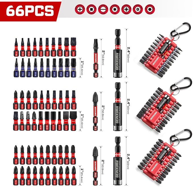 Impact Screwdriver Bits Set, 66 Pieces 1?? 2?쒶agnetic (PH/TORX/HEX/PZ/SQ) S2 Steel Multi Power Insert Driver Bits and 3Pc Bit Holder with Organizer Sleeve