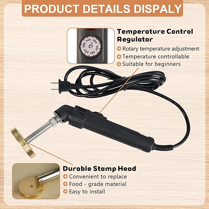 Terwex Custom Electric Branding Iron for Wood, Black Temperature-Controlled Wood Branding Iron Personalized Metal Stamp, Logo Branding Irons Letter Stamp for Leather Food, Woodworking Tools(2")