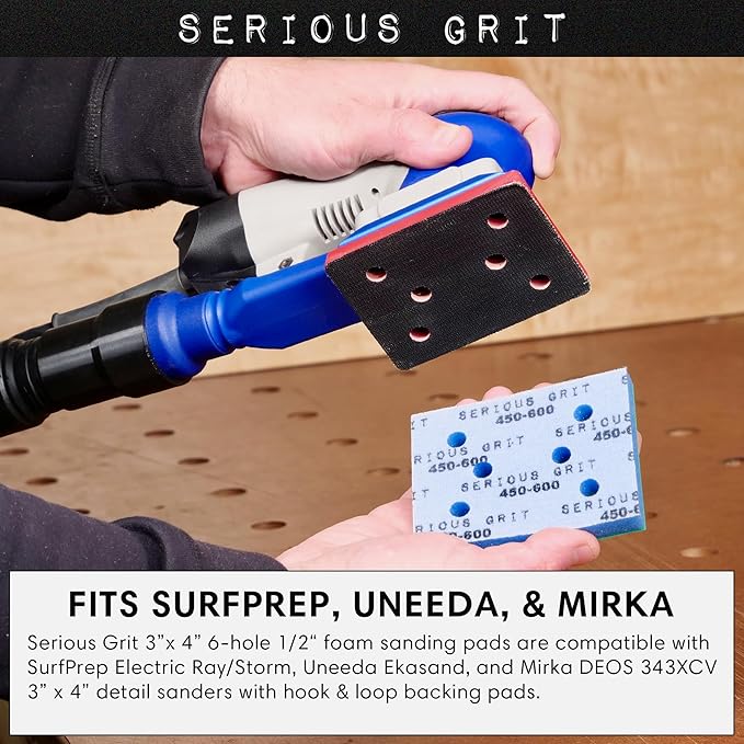 Serious Grit - 3" x 4" Foam Abrasive 600-700 Finish Sanding Pads - Fits Surfprep, Uneeda Ekasand, & Mirka - 1/2" Thick Soft Foam Hook & Loop Sandpaper Pads for 3x4 Sanders - Made in USA - 10 Per Box