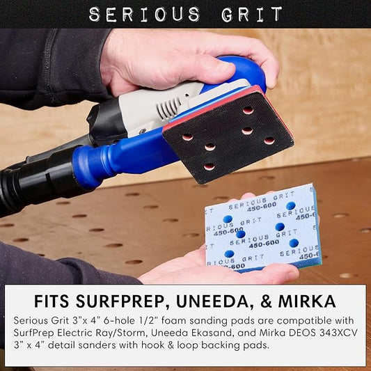 Serious Grit - 3" x 4" Foam Abrasive 600-700 Finish Sanding Pads - Fits Surfprep, Uneeda Ekasand, & Mirka - 1/2" Thick Soft Foam Hook & Loop Sandpaper Pads for 3x4 Sanders - Made in USA - 10 Per Box