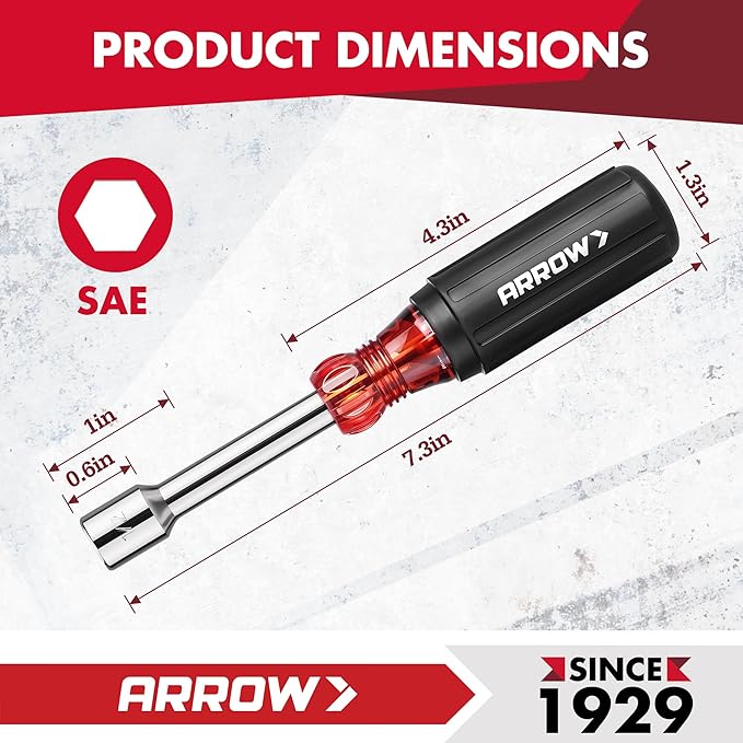 ARROW Nut Driver Set, 7 PCS SAE Nut Drivers with Non-Slip Grip, Cr-V Steel, 1-Inch Hollow Shaft, Hex Sizes 3/16, 1/4, 5/16, 11/32, 3/8, 7/16, 1/2-Inch, Easy for Tightening and Unscrewing