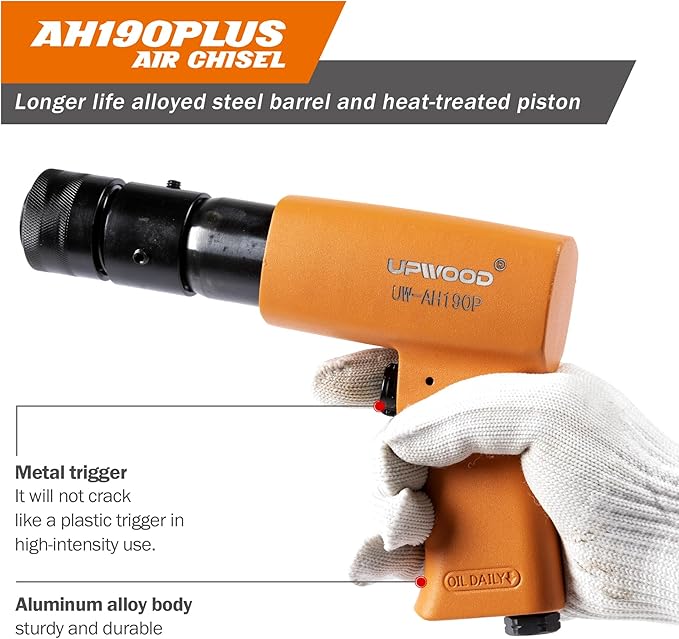 UW-AH190Plus Medium Barrel Air Hammer Kit with Quick Change Retainer and 4 Chisels, 2-5/8 Inch Stroke, 3500 BPM, Light weight (AH190P - Middle Barrel)
