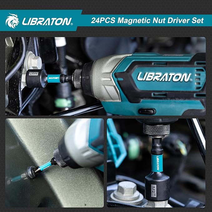 LIBRATON 24PCS Magnetic Nut Driver Set, Impact Drill Driver Bit Set 1/4", Metric and SAE Nut Drivers for Impact Drill, Impact Socket Adapters, Screwdriver Bits, Bit Holder, with Black Phosphating