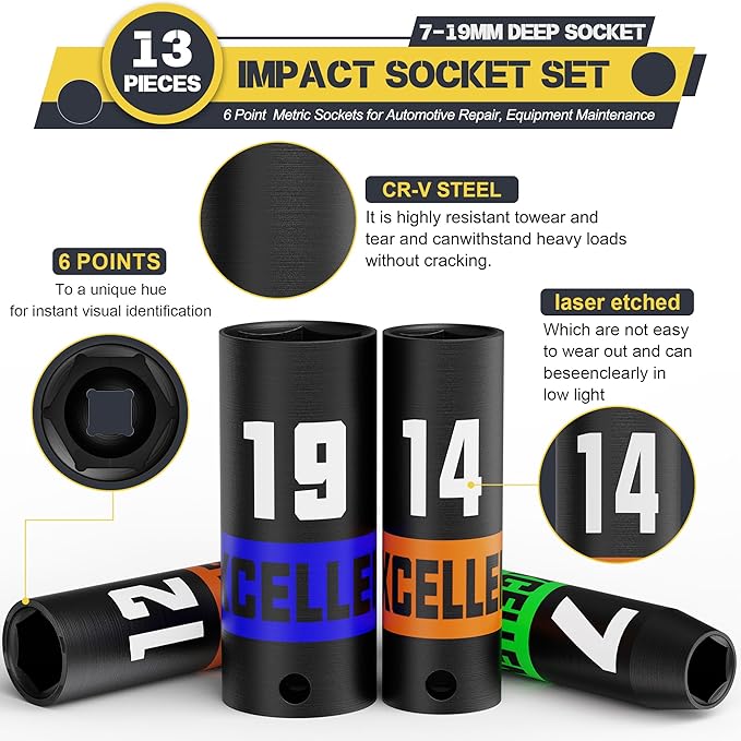 13 Pieces 3/8-Inch Drive Impact Socket Set, 7-19mm Deep Socket, 6 Point Metric Sockets for Automotive Repair, Equipment Maintenance