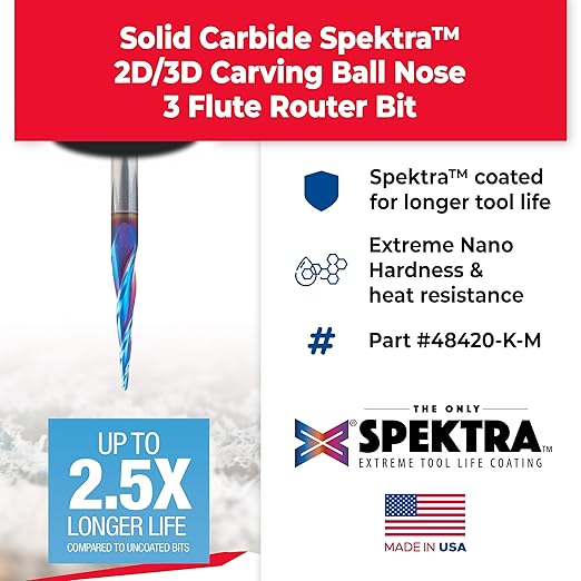 Amana Tool 48420-K-M CNC Spektra Extreme Tool Life Coated SC 2D and 3D Carving 5.0 Deg Tapered Angle Ball Nose x 1.5mm D x 0.75mm R x 26mm CH x 6mm SHK x 76mm Long x 3 Flute Router Bit