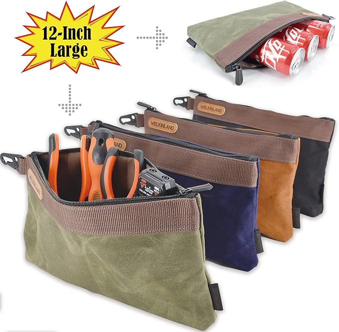 WELKINLAND Heavy-Duty Canvas Tool Pouch - 4PCS, 12" Waxed Canvas Zipper Tool Pouch
