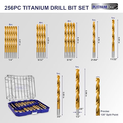 276pc Titanium Twist Drill Bit Set with S2 Bits 135° Tip High Speed Steel, Size from 1/16" up to 1/2", Ideal in Wood Cast Iron Aluminum Alloy Plastic Fiberglass, Clear Lid Case