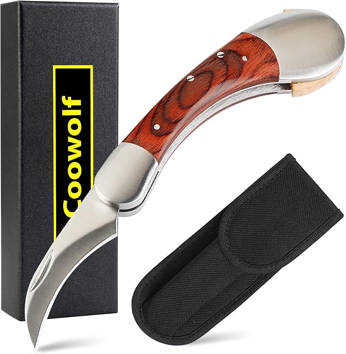 Mushroom Knife with Brush and Sheath, Curved Stainless Steel Blade, Hardwood Handle, 7.1 Inch Folding Design, for Morels, Porcini, Chanterelles, Foraging Mushroom Gifts