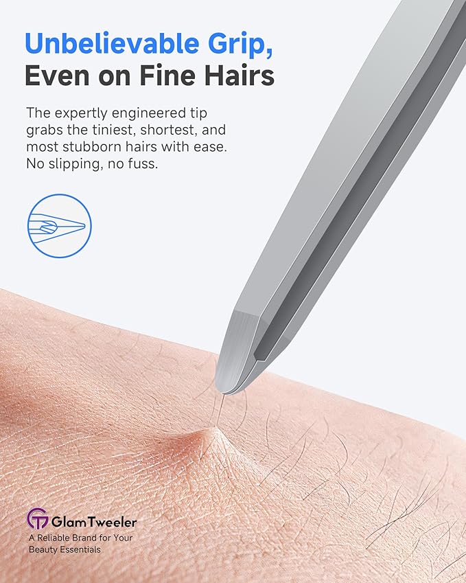 Premium Hand-Made Tweezers with Safe Rounded Tip & Comfort Spring for Pain-Free Plucking, Thick Stainless Steel for Precise Grip on Eyebrows & Facial Hair, Designed for Women and Men