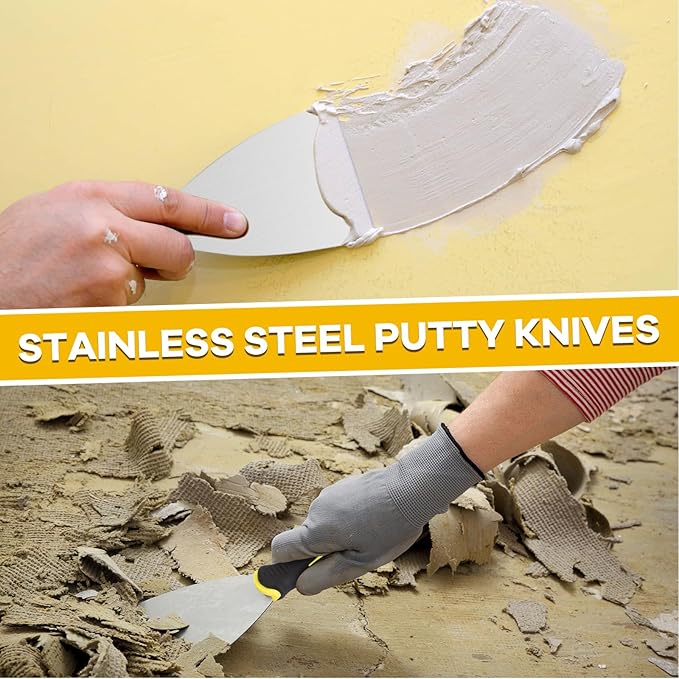 Drywall Knife Set, 8Pcs Stainless Steel Drywall Hand Tools Kit Includes Putty Knife Set, Taping Knives, Painter Scraper and 12" Mud Pan Finishing tools for Drywall Work