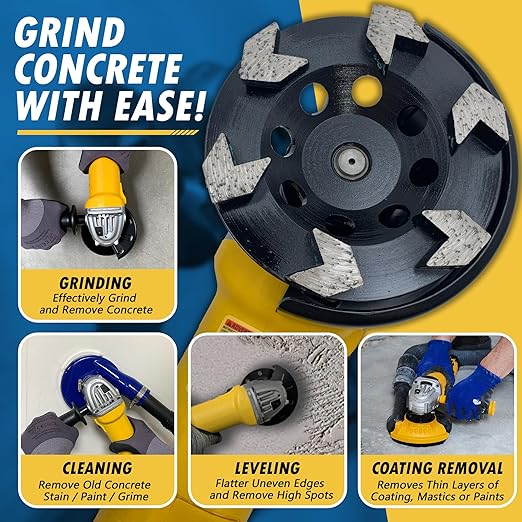4.5" High Performance Diamond Grinding Wheels for Concrete, Paint, Epoxy, Mastic, Coating Removal, #30/40 Grit, 6 Arrow Segments, 5/8"-11 Arbor