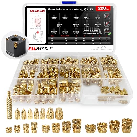M4M6M8 Threaded Inserts-228 Pcs Assortment Box+8xSoldering Tips for Heat-Set Insert M2 M2.5M3-M8#2-56#4-40#8-32#10-24 1/4", Brass Knurled Nuts for 3D Printing Components and Plastic Parts