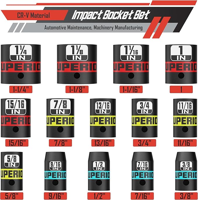 14 Piece 1/2" Drive Impact Socket Set, 3/8??to 1-1/4??Shallow Socket, SAE, 6 Point, CR-V, Automotive Maintenance, Machinery Manufacturing