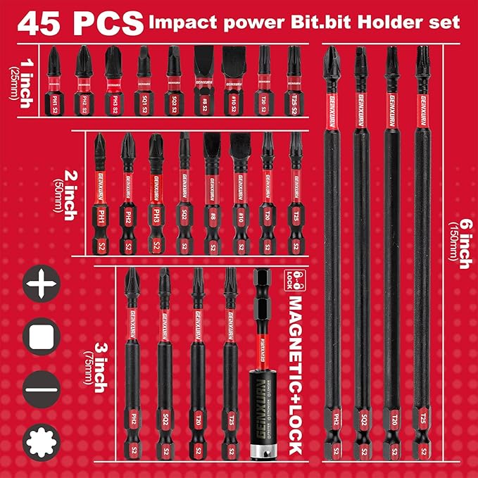 Impact Tough Magnetic Mixed 45Pack Insert Driver Bits, S2 Alloy Steel Screwdriver Power Bits Set with 1Pcs Impact Magnetic Bit Holder