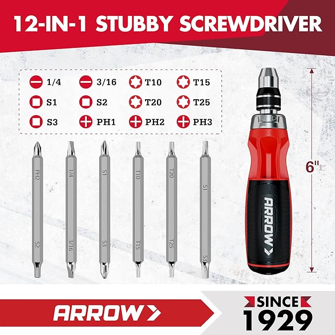 ARROW Ratcheting Screwdriver, 12-IN-1 Multi Bit Ratchet Screwdriver set, Premium S2 Steel Screw Drivers, Innovated Bits Quick-Load Mechanism, with Phillips, Slotted, Torx, Square Bits Stored in Handle