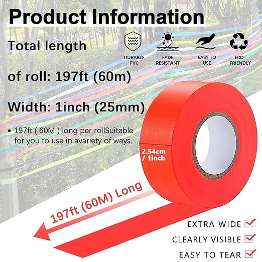 4 Pack Orange-Red Flagging Tape, Non-Adhesive Plastic Ribbon Neon Marking Roll, 1"*800ft, Marking Tape for Tree Marking, Hunting, Boundaries and Hazardous Areas,Trail Marking