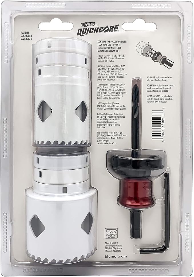 Disston QuickCore 7 pc Set - 1 Each: 1", 1-1/4", 1-1/2", 1-3/4", 2", and 2-1/2" Hole saws, Arbor with a Pilot Drill bit, Hex Key