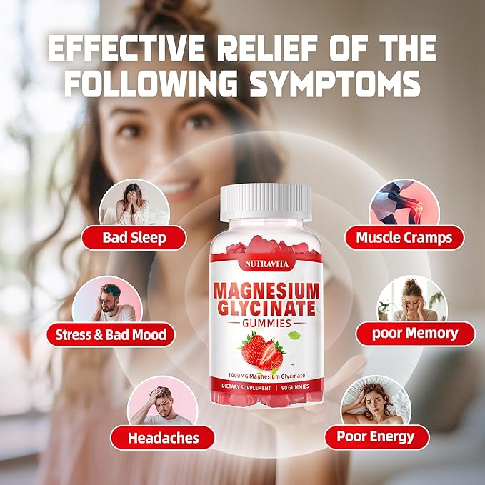 Magnesium Glycinate Gummies 1000mg with L-Threonate,Chelated Magnesium Potassium Complex Supplement with VitD, B6, CoQ10, Calcium,Supports for Memory, Calm, Mood - 180 Gummies Strawberry