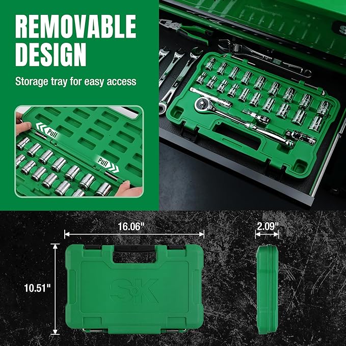 SK 1/2" Drive Socket Set with 216-P Quick-Release Ratchet, 23-Piece, SAE & Metric, SuperKrome Finish, Premium CR-V Construction, with Storage Suitcase