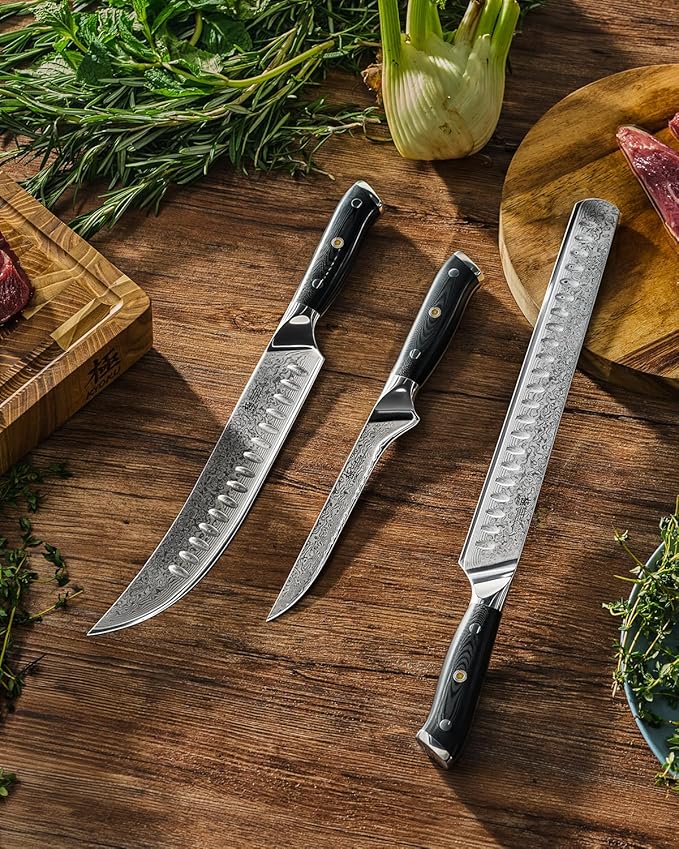 KYOKU Knife Set, Shogun Gin Series 3pc Japanese Style Kitchen Knife Set for Cooking, 7" Boning 12" Slicing 10" Scimitar Knife with Silver Ion Blade Sheath Gift Box, Damascus Stainless Steel Knives
