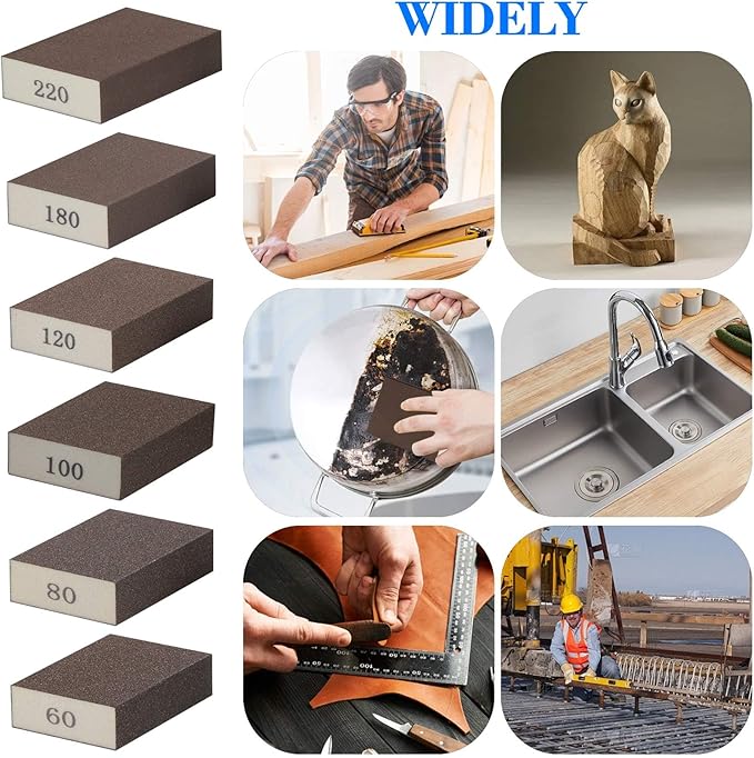 12Pcs Sanding Sponge 60 80 100 120 180 220 Coarse Medium Fine Grit Sanding Block Washable and Reusable for Wood, Metal, Wall Polish