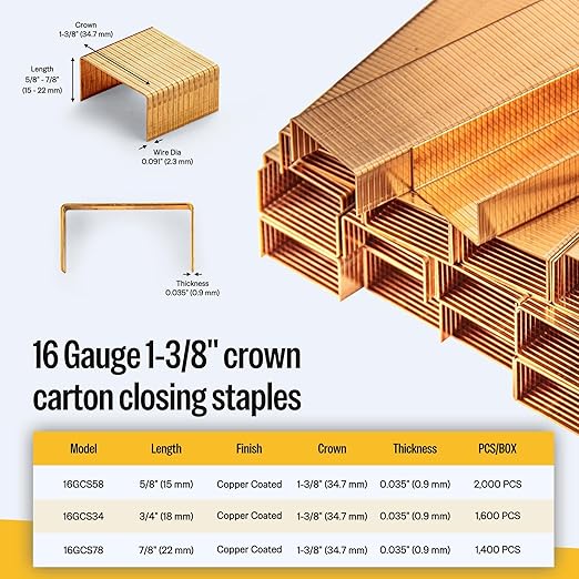 meite Carton Closing Staples 16 Gauge 1-3/8" Wide Crown 5/8" Leg Copper-Coated Carton Staples for Pneumatic or Manual Box Stapler Gun - Cardboard Closer Packaging (10,000PCS)
