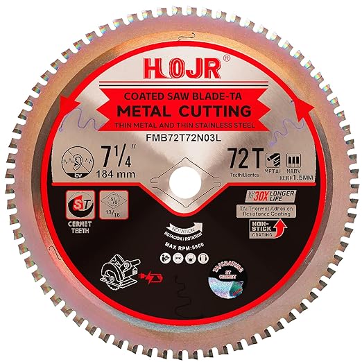 Dia 7-1/4"(184mm) 72-Tooth Arbor 5/8" Metal Cutting Circular Saw Blade, for Steel and Stainless Steel,The Cutting Head uses a Special Anti-Heat Sticking Coating,FMB 7-1/4 inch 72-Tooth 5/8" -TA