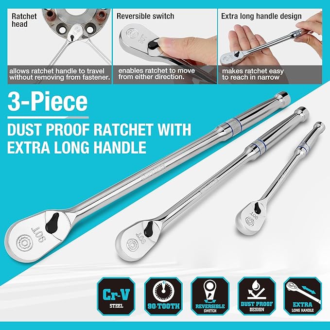 DURATECH 3-Piece Extra Long Drive Ratchet Handle, 1/4", 3/8", 1/2" 90-Tooth Ratchet Wrench with Dust Proof Teardrop Enclosed Head, Reversible, CR-V Steel Made, CR-MO Head, Full Polished, Gifts for Men