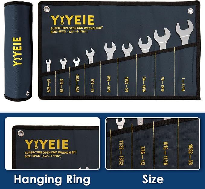 YIYEIE Super-Thin Open End Wrench Set, 9-Piece SAE, 1/4" to 1-1/16", Chrome Vanadium Steel With Mirror Polish, Ultra-Slim Wrench Set with Rolling Pouch