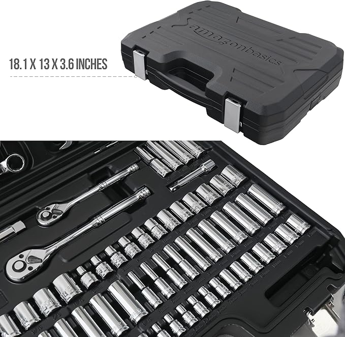 Amazon Basics Mechanic's Socket Tool Set With Case, Metric Sizes, 145-Piece
