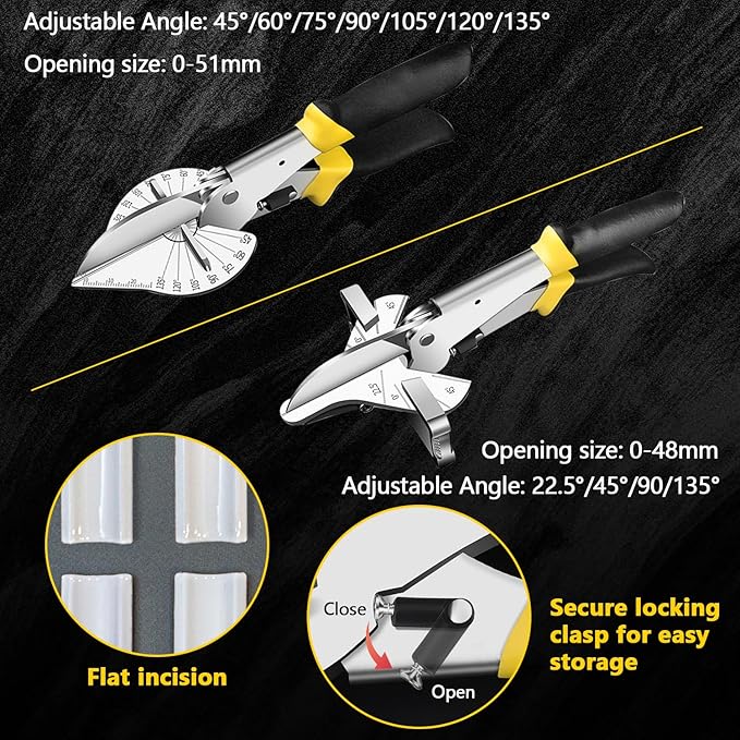 2 Pcs Miter Shears, Quarter Round Cutting Tool Adjustable at 22.5째 to 135째, Miter Shears for Angular Cutting Molding with 4 Replacement Blades, Trim Miter Cutter For Cutting Wood and Plastic (2)
