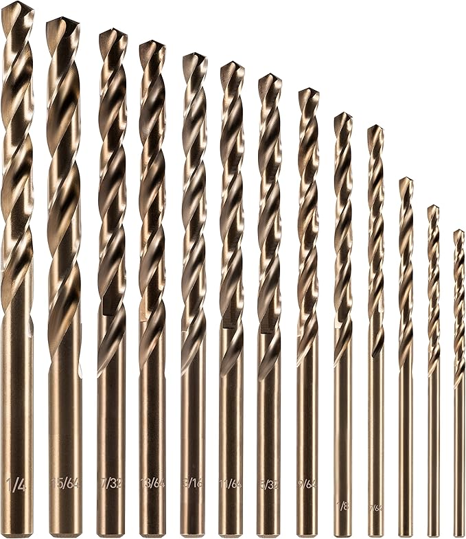 amoolo Cobalt Drill Bit Set (1/16"-1/4",13 Pcs), M35 HSS Metal Drill Bits for Steel, Stainless Steel, Hard Metal, Cast Iron, Plastic and Wood