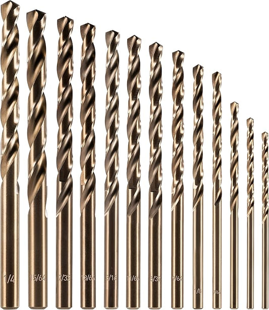 amoolo Cobalt Drill Bit Set (1/16"-1/4",13 Pcs), M35 HSS Metal Drill Bits for Steel, Stainless Steel, Hard Metal, Cast Iron, Plastic and Wood