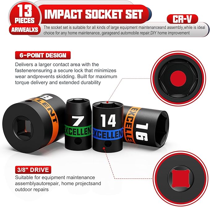 13 Pieces 3/8-Inch Drive Impact Socket Set, 7-19mm Shallow Socket, 6 Point Metric Sockets for Automotive Repair, Equipment Maintenance